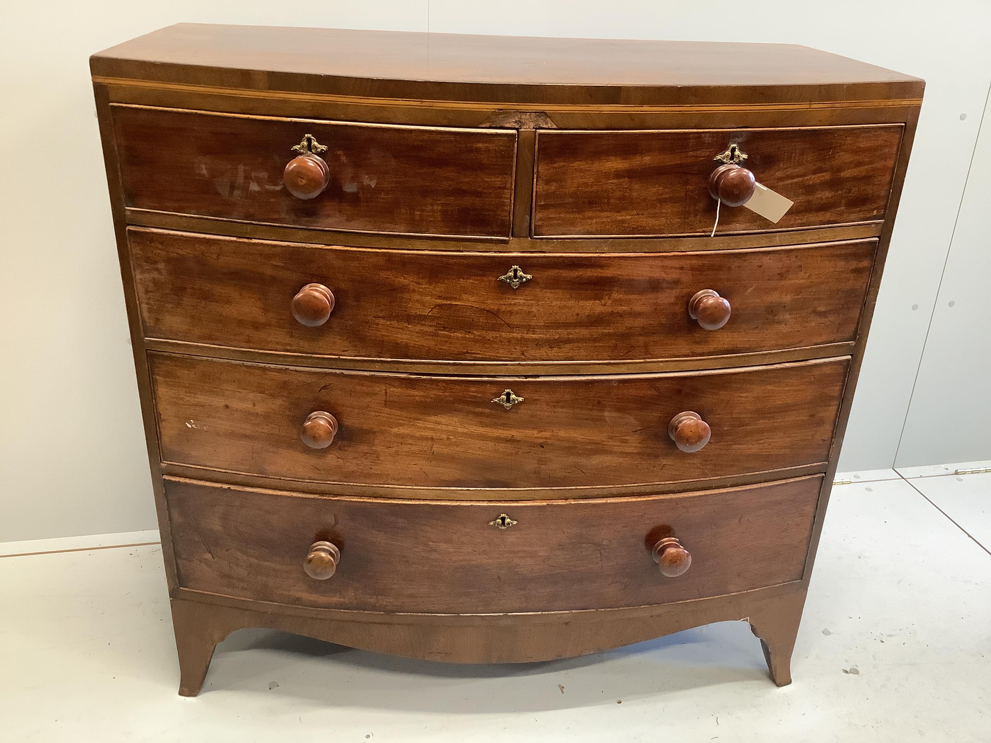 A Regency mahogany bowfront chest, width 107cm, depth 52cm, height 104cm